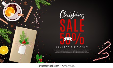 Christmas Promo Web Banner with Xmas Decoration. Top View on Festive Composition with Paper Gift Boxes for Happy New Year. Vector Illustration with Discount Sale. Greeting Card with Lettering.