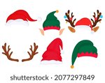 Christmas props. Photo booth and scrapbooking set. Deer antlers, elf hat and ears, santa claus, gnome