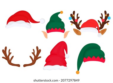Christmas Props. Photo Booth And Scrapbooking Set. Deer Antlers, Elf Hat And Ears, Santa Claus, Gnome