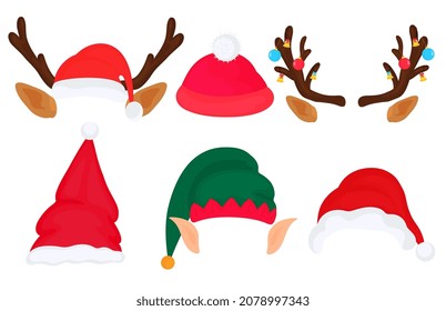 Christmas props. Photo booth and scrapbooking set. Deer antlers, elf hat and ears, santa claus, gnome