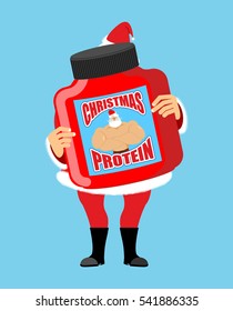 Christmas protein. Sports nutrition as a gift for holiday. Strong Santa Claus recommends. Illustration New Year Fitness
