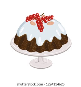 Christmas pudding with berries and almonds, traditional sweet dish glazed with sugar icing and decorated with red currant and nuts, isolated on white background, holiday dinner flat cartoon vector. 