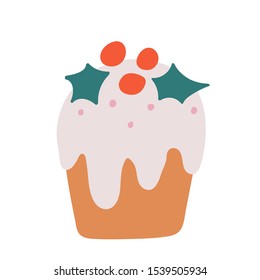 Christmas pudding cake with glaze topping decorated with mistletoe berries and leaves. Cute hand drawn doodle 