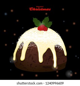 Christmas Pudding with Cherry and Holly Leafs Over Black Festive Glowing Background with Decorative Text