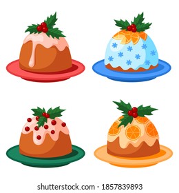 Christmas pudding collection on white background. Stock vector