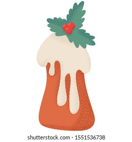 Christmas pudding with cream and holly berry leaves vector cartoon illustration isolated on a white background.
