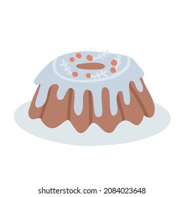 Christmas pudding decorated with berries. Winter sweet celebration cake homemade. Freehand isolated element. Vector flat hand drawn Illustration. Only 5 colors - Easy to recolor.