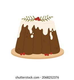 Christmas pudding decorated with holly berries. Winter sweet celebration cake homemade. Vector illustration in cartoon style. Isolated on white background.