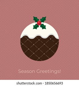 Christmas Pudding Decorative vector poster. Winter season holiday cartoon. Traditional plum pudding, brandy butter, holly sprig ornament background. Christmas decoration greeting template illustration