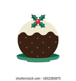 Christmas Pudding Decorative vector poster. Winter season holiday cartoon. Traditional plum pudding, brandy butter, holly sprig ornament background. Christmas decoration greeting template illustration