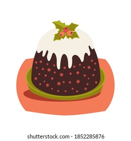 Christmas Pudding Decorative vector poster. Winter season holiday cartoon. Traditional plum pudding, brandy butter, holly sprig ornament background. Christmas decoration greeting template illustration