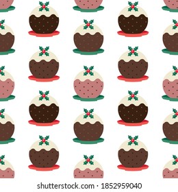 Christmas Pudding Decorative vector seamless pattern. Winter season holiday cartoon. Traditional plum pudding, brandy butter holly sprig ornament background. Christmas decoration template illustration