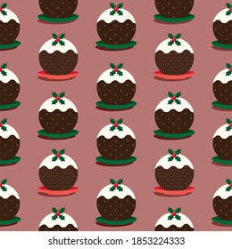 Christmas Pudding Decorative vector seamless pattern. Winter season holiday cartoon. Traditional plum pudding, brandy butter holly sprig ornament background. Christmas decoration template illustration