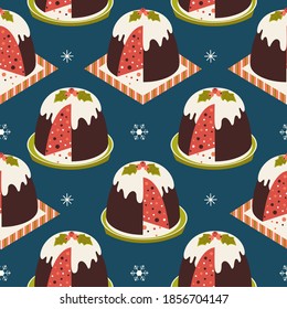 Christmas Pudding Decorative vector seamless pattern. Winter season holiday cartoon. Traditional plum pudding, brandy butter holly sprig ornament background. Christmas decoration template illustration