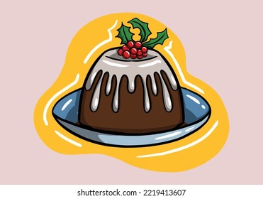 Christmas pudding with dripping brandy sauce and holly on a red plate