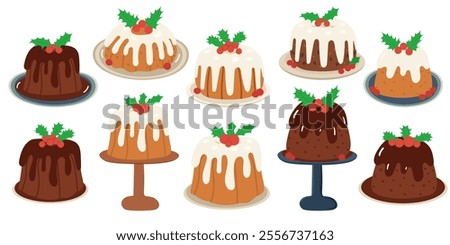 Christmas pudding, fruit cake with holly berry set.