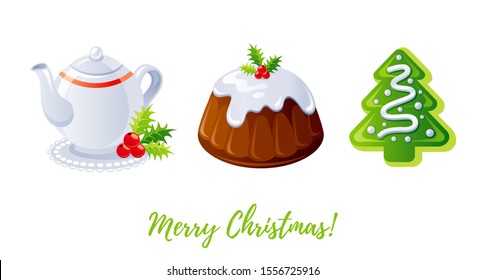 Christmas pudding, gingerbread cookie and tea icon set. Holly berry cake, teapot, Christmas tree biscuit. Sweet dessert cartoon design element. Xmas vector illustration isolated on white background