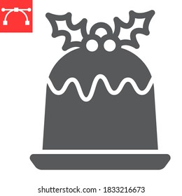 Christmas pudding glyph icon, merry christmas and dessert, holly berries sign vector graphics, editable stroke solid icon, eps 10