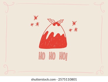 Christmas pudding, greeting card in cute hand drawn style, vector illustration. A4 poster, winter holidays.