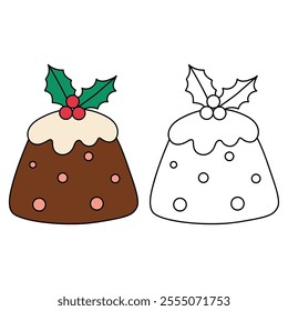 Christmas Pudding with Holly Leaves coloring pages for kids. Trace and color Christmas Pudding with Holly Leaves character. Holiday seasons worksheet printable for kids. Christmas worksheet.