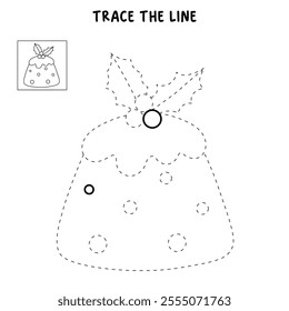 Christmas Pudding with Holly Leaves coloring pages for kids. Trace and color Christmas Pudding with Holly Leaves character. Holiday seasons worksheet printable for kids. Christmas worksheet.