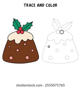 Christmas Pudding with Holly Leaves coloring pages for kids. Trace and color Christmas Pudding with Holly Leaves character. Holiday seasons worksheet printable for kids. Christmas worksheet.