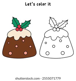 Christmas Pudding with Holly Leaves coloring pages for kids. Trace and color Christmas Pudding with Holly Leaves character. Holiday seasons worksheet printable for kids. Christmas worksheet.