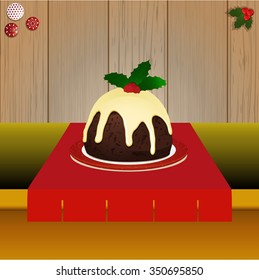 Christmas Pudding with Holly on Tabletop Over Wooden Background