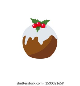 Christmas pudding with holly on top. Homemade family dessert. Vector icon isolated on white background.