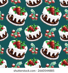 Christmas Pudding and Holly Seamless Pattern