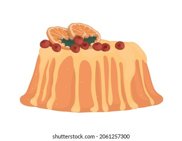 Christmas pudding with icing. oranges, red berries. Party, celebration, Christmas, New Year. Isolated vector colorful element on a white background. 