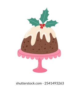 Navidades de pudín con glaseado, bayas rojas y hojas de acebo. Postre tradicional inglés de vacaciones. Ilustración vectorial plana de comida aislada sobre fondo blanco