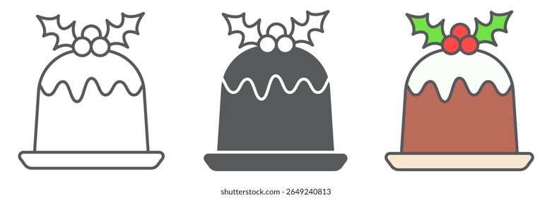 Christmas pudding icon collection, merry christmas and dessert, holly berries sign vector set graphics, editable stroke linear icon, eps 10