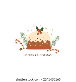 Christmas pudding isolated vector element. Tasty Christmas cake or Cute winter holiday pie with holly berry food illustration. Baked Christmas dessert hand drawn card, poster. Xmas food