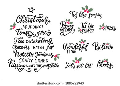 Pudín de Navidad, besos de mistletoe. Deseos de vacaciones. Cita de vacaciones con letras a mano. Caligrafía moderna. Frase de elementos de diseño de tarjetas de felicitación