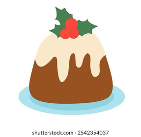 Christmas pudding with mistletoe. Winter food. Vector Flat Illustration.