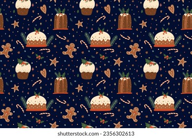 Christmas pudding pattern on dark blue. Vector winter time seamless print. Sweet dessert, food, gingerbread, stars, tasty cake repeat background. Decorative baked Christmas cookies wallpaper, wrap.