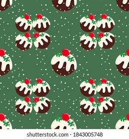 Christmas pudding seamless pattern background  On a green background and snowing