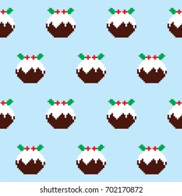 Christmas pudding seamless pattern, Christmas jumper or sweater style, Xmas decor. Repetitive design wit Christmas puddings on blue background 