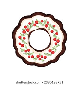 Vista superior de pudding de Navidad. Pastel tradicional de Navidad con hielo blanco, arándanos y romero.Pasteles caseros festivos.Ilustración vectorial.