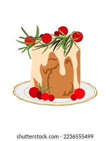 Christmas pudding. Traditional Holiday dessert. English chocolate cake with Xmas decoration. Vector flat illustration isolated on white background.
