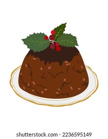 Christmas pudding. Traditional Holiday dessert. English chocolate cake with decoration. Xmas Festive sweet food with glaze, holly berries and leaves. Flat vector illustration on white background.