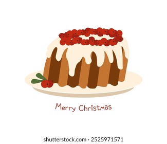 Natal pudim vetor desenho animado ilustração. Comida caseira de Natal, padaria, bolos, tortas de férias de inverno bonito com bagas de azevinho. Cartão desenhado à mão de sobremesa de férias, cartaz. Bolos festivos tradicionais