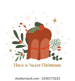 Christmas pudding vector cartoon illustration. Christmas home-baked food, bakery, cakes, cute winter holiday pies with holly berries. Holiday dessert hand drawn card, poster. Traditional festive cakes