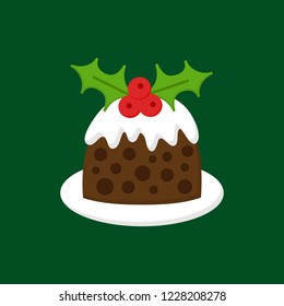 Christmas pudding vector illustration icon. Seasonal, festive, traditional holiday dessert on plate with cream on top and mistletoe decoration. Isolated on green background.
