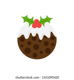 Christmas pudding vector round illustration icon. Seasonal, festive, traditional holiday dessert with cream on top and holly, mistletoe decoration. Isolated cartoon graphic.