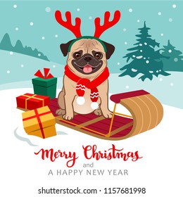 Christmas pug dog cartoon illustration. Cute pug puppy wearing red scarf and antlers sitting on toboggan with gifts, winter snowy hills with trees in background. Pets, dog lovers, Christmas theme.