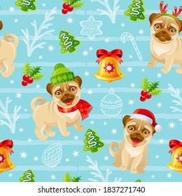 Christmas pug dog pattern. Seamless winter holiday print background. Funny xmas vector. Merry Christmas decor. Pug with deer horn, Santa hat, scarf. Wallpaper seamless background illustration