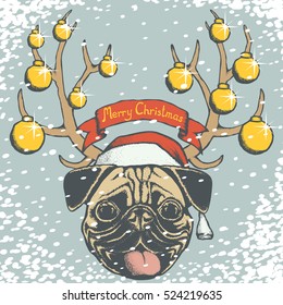 Christmas pug dog vector illustration. Pug dog head with Santa hat. Inscription Merry Christmas and snow