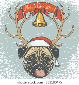 Christmas pug dog vector illustration. Pug dog head with Santa hat. Inscription Merry Christmas and snow